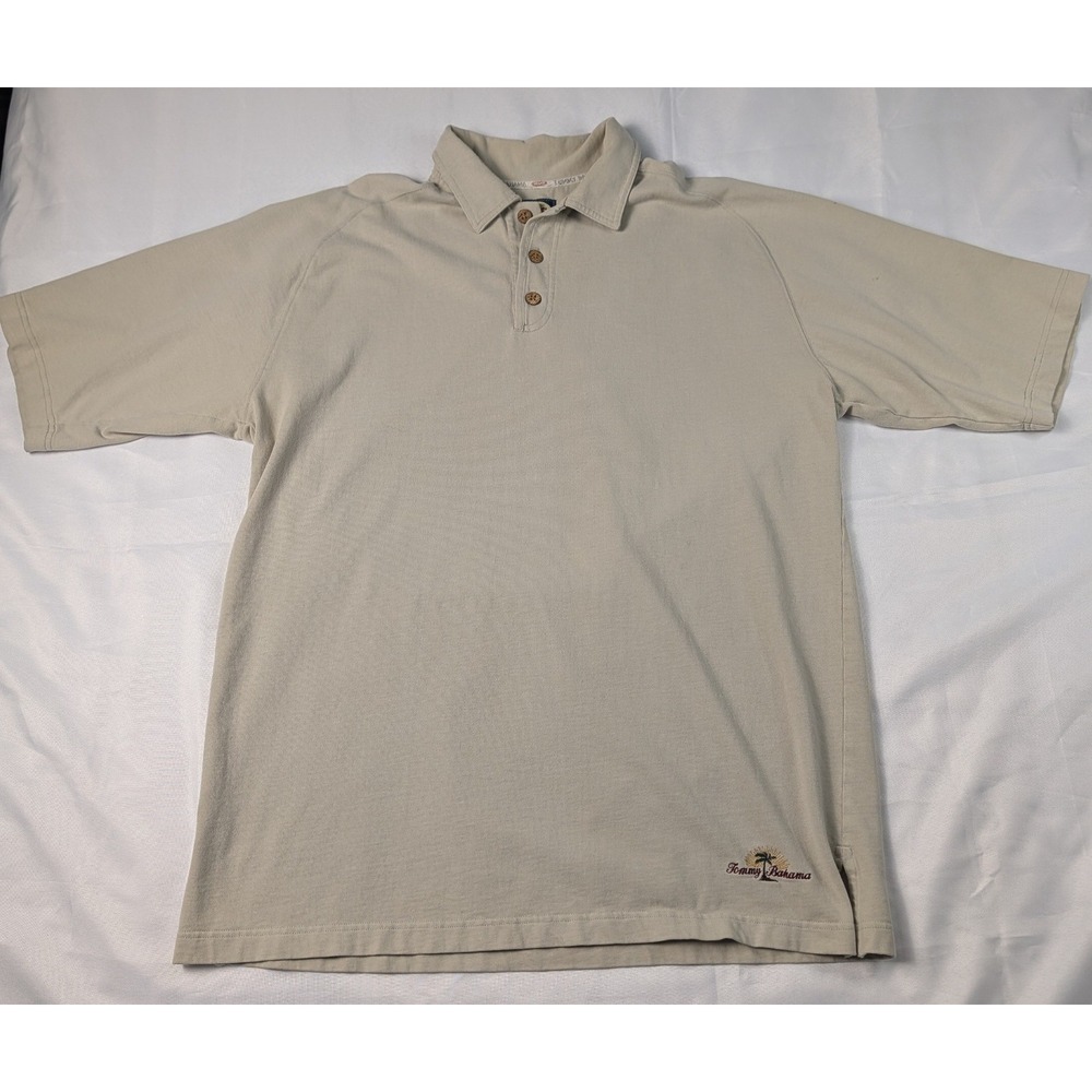 Vintage Tommy Bahama Mens Polo Shirt Beige Tan Short Sleeve Palm Tree Logo Large